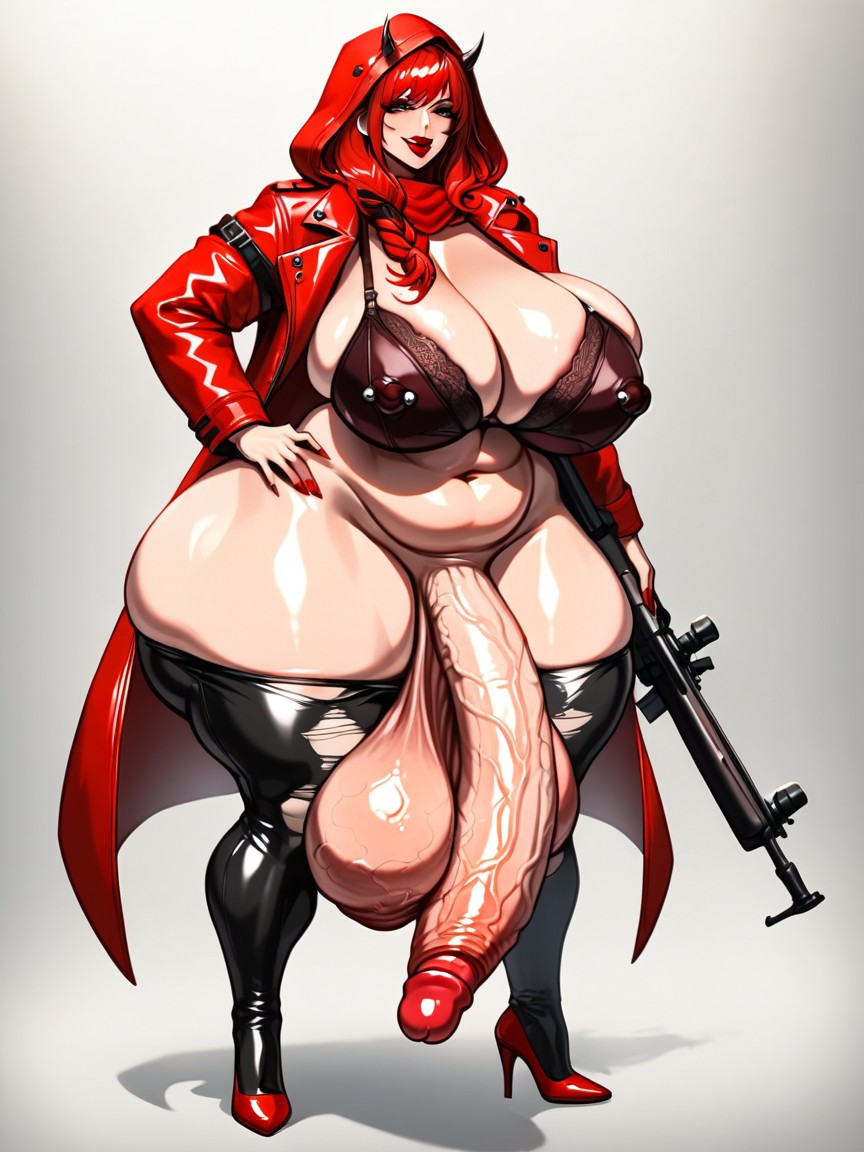 Black Sniper Rifle With Red Strap, Gigantic Cock, Detailed Penis Veins Shemale AI Porn