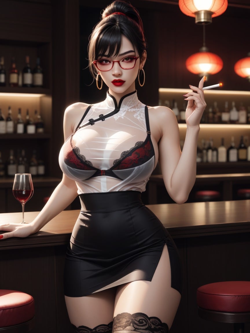 Bartender, Face, Red Cats Eye GlassesAI 포르노