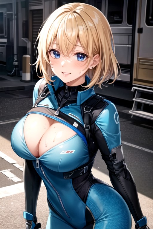 Bangs, Cleavage, Blue Vault Suit Shemale AI Porn