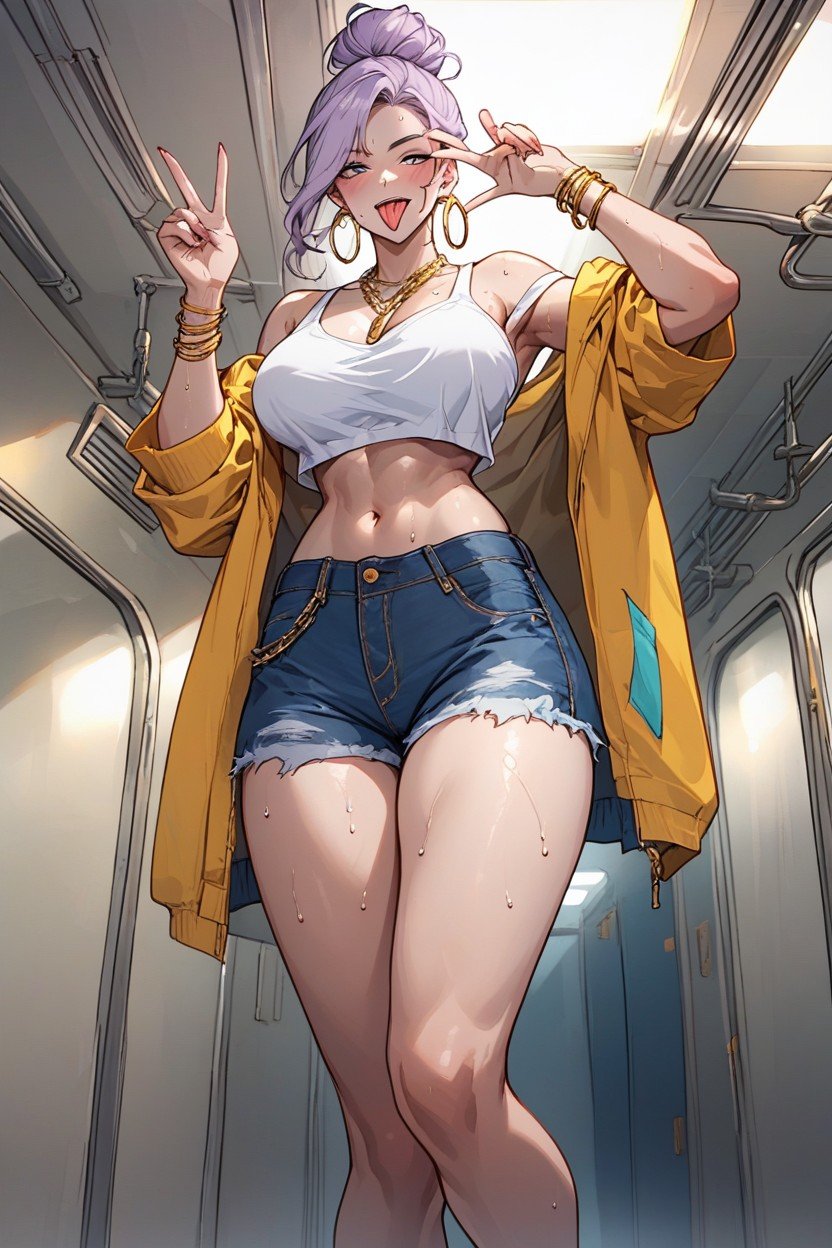 Standing Out Against Her Vibrant Appearance Shes Dressed In A Fitted White Tank Top, Open Denim Jacket That Hangs Loosely Off One Shoulder Shes Paired This With High Waisted, Her Toned Figure Features A Narrow WaistAI 포르노