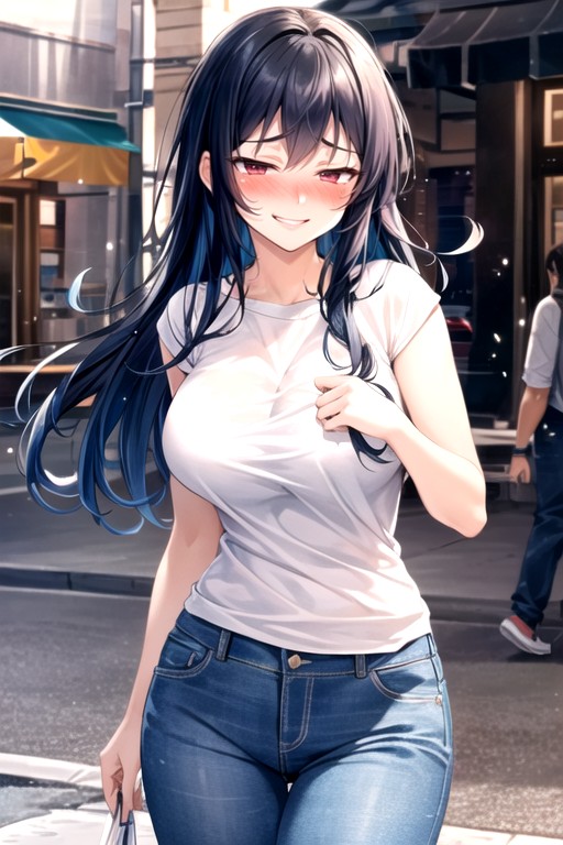 Mischievous (smiling While Blushing), Blue Hair, Casual Hentai AI Porn