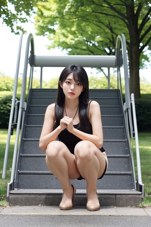 パンチラ, The Location Is A Park The Woman Is On The Slide A Distant Composition That Shows The Entire Slide The Woman Is Crouching Down With Her Knees Up Women Are Wearing Miniskirts My Pants Are Visible, ロング丈AIポルノ