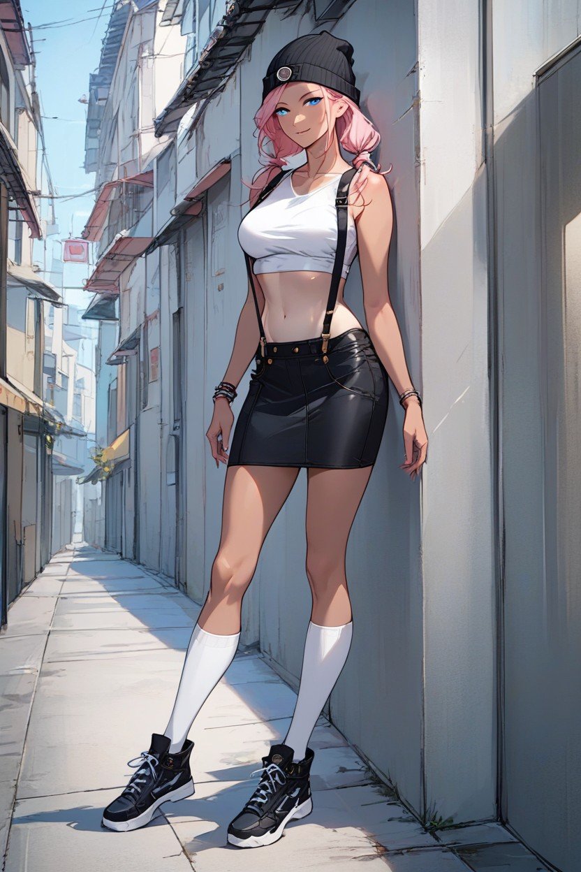 Modern City, Black Sneakers, White Thigh High Sock AI Porn