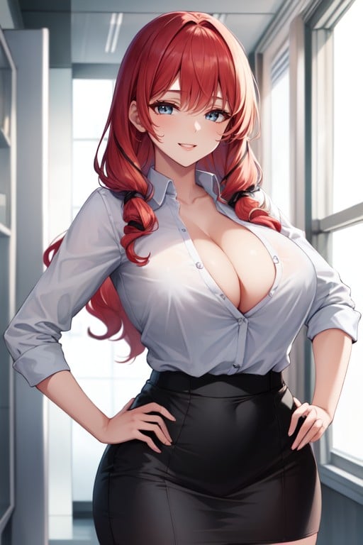 Red Hair, Camisa De Escritório, Mãos Nos Quadris Hentai IA pornografia