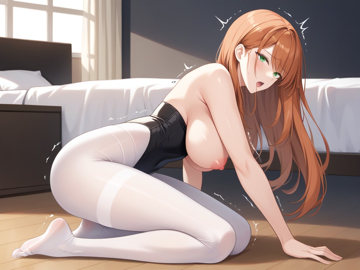 Ballerina Fair Skin, Long Sleeve Black Leotard, Kneeling Hentai AI Porn