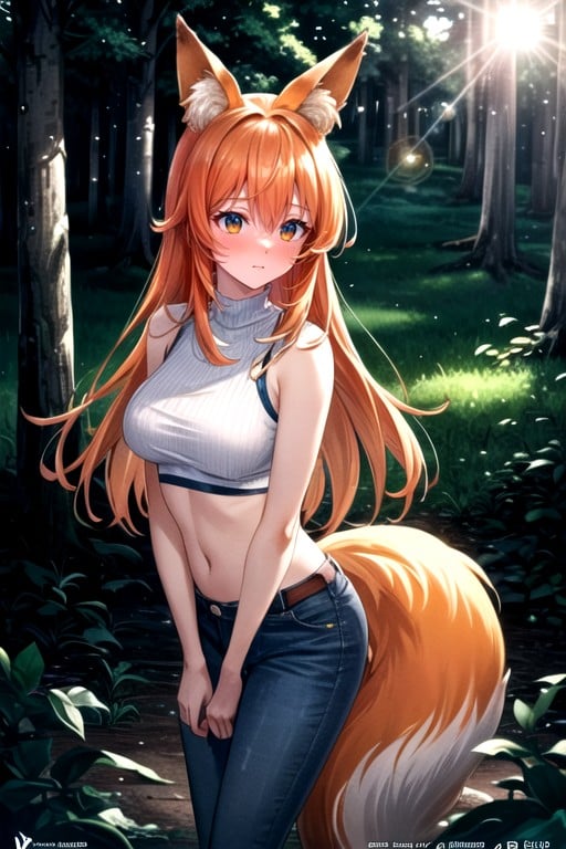 Large Fluffy Orange Fox Tail, Long Orange Hair, 苗条AI黄片