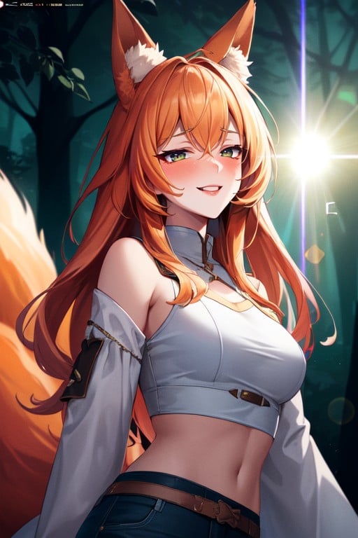 Orange Fox Ears, Long Orange Hair, Long Fluffy Orange Fox Tail Pornografia de IA