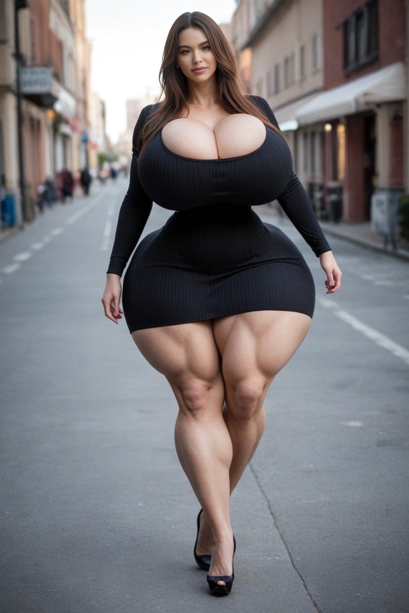 Disproportionately Large Breasts Reaches Thighs, Knit Dress, Extremely Waist Pornografia de IA