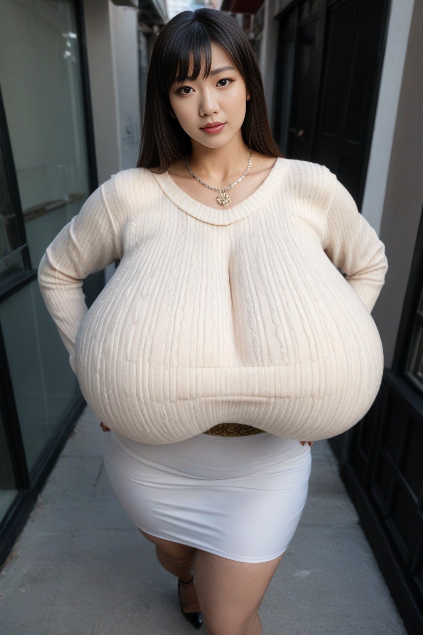 Top Down, Gigantic Breasts Reaches The Thighs, Looking At ViewerAI黄片