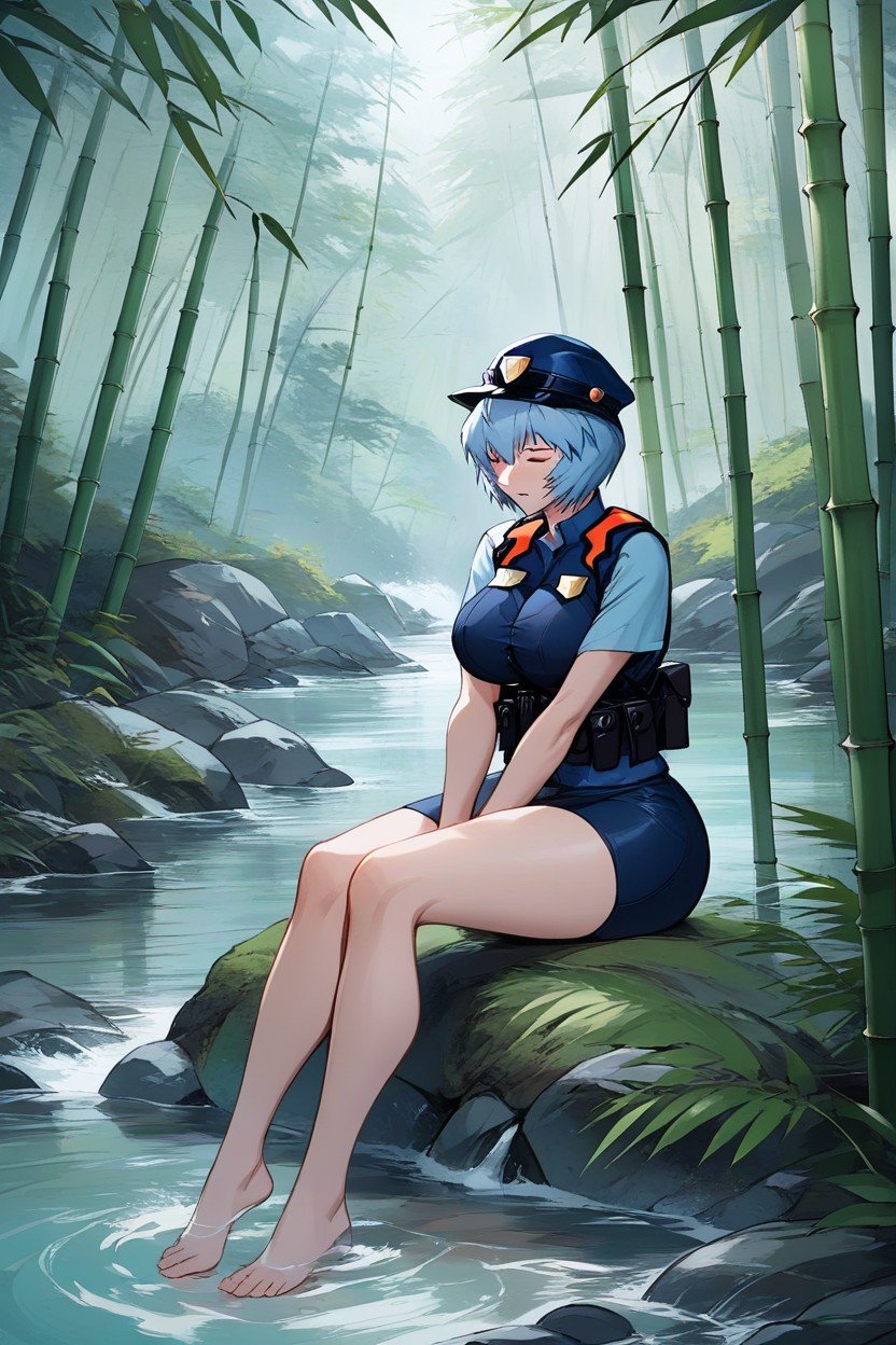 Sitting On A Rock, Forest, Fishing With A BambooAIポルノ