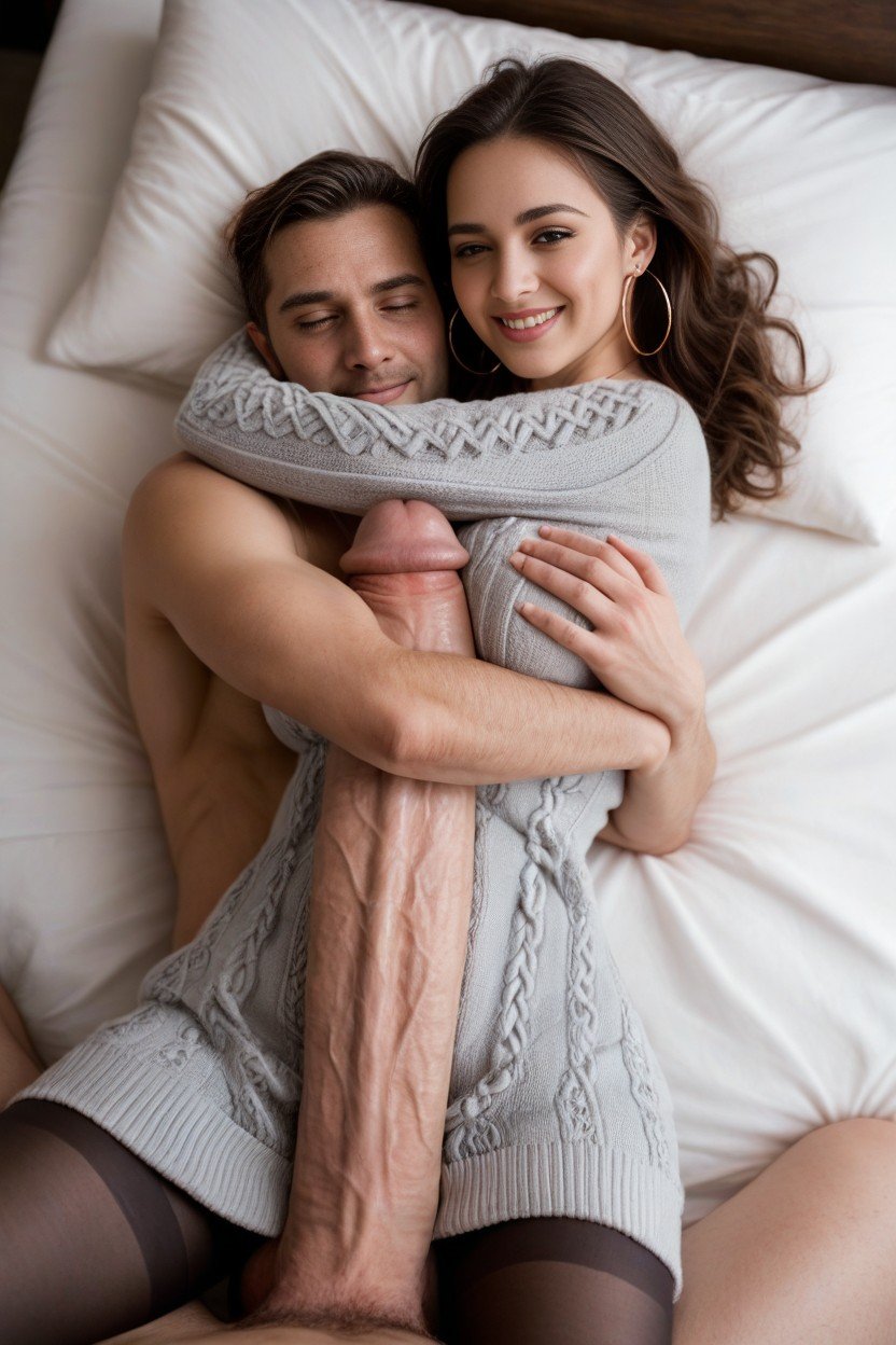 Hyper Length Cock, Stunning Slender Brunette With Long Form Fitting Sweater Dress And Leggings Lying Down On Bed, Perfect Skin Travesti IA Pornô