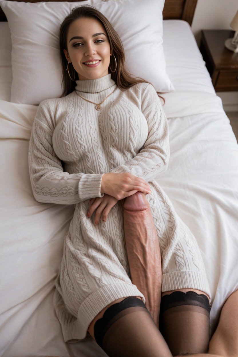 Quarto, Colar, Stunning Slender Brunette With Long Form Fitting Sweater Dress And Stockings Lying Down On Bed Pornografia de IA