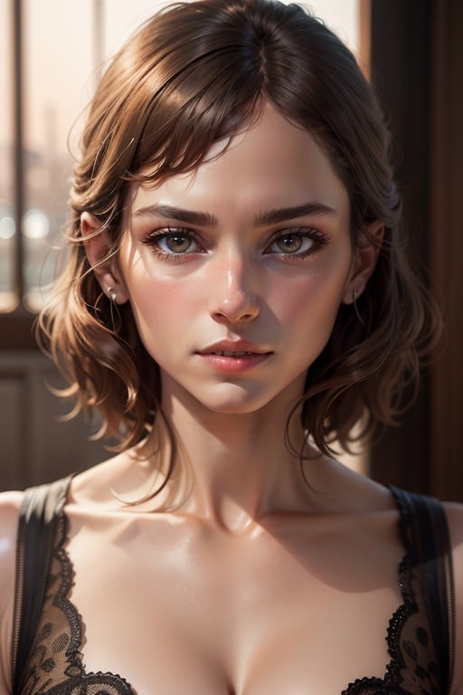 Square Jawline, Light Brown Eyes, Medium Length HairPorno AI