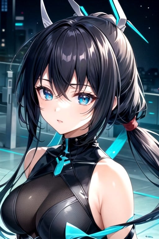 Pony Tail, Hair Bob To The Left, Black Taimanin SuitPorno AI