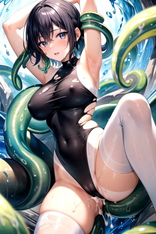 Wearing White Stockings, Wearing Blue One-piece Swimsuit, Arm UpPorno IA