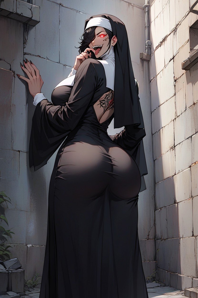 Rear View, Curvy Body Nun, Brown Skinned Hentai AI Porn