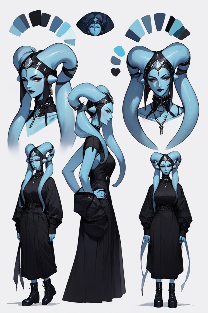 Goth, Massive Head-tails, Character Reference Sheet퍼리 AI 포르노