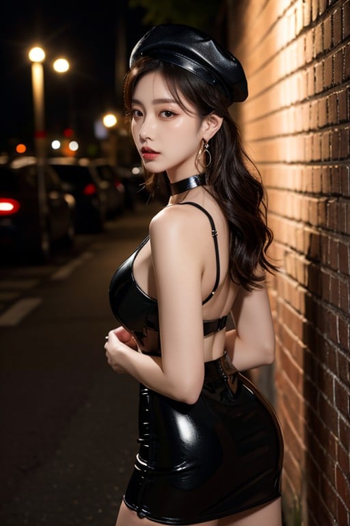 Lit By Street Light Only, Black Leather Beret, Mouth Slightly OpenPorno IA