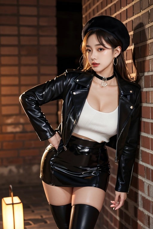 Thick Leather Choker, Shiny Black Tight Miniskirt, 腰に手を当てるファーリーAIポルノ