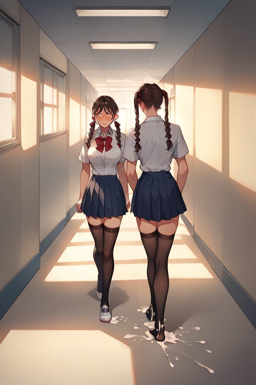 Pigtails Hairstyle, Cum On Feet, School HallwayAI黃片