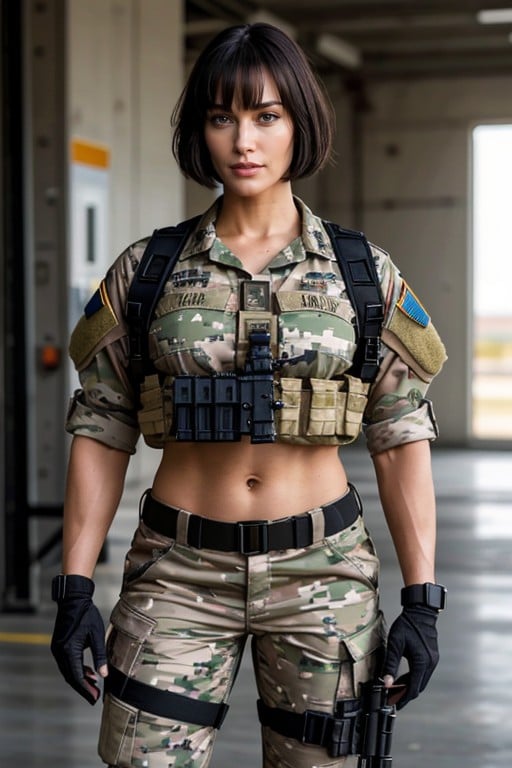 Wide Jaw And A Bodybuilder Frame She Has Black Hair In A Bob Haircut With Bangs And Wears Tactical Gear Over Her Huge Breasts And Tactical Pants She Holds A Rifle And Stands Inside A Military Base, Muscular Caucasian Special Forces Soldier With A Serious Face, A FitAIポルノ