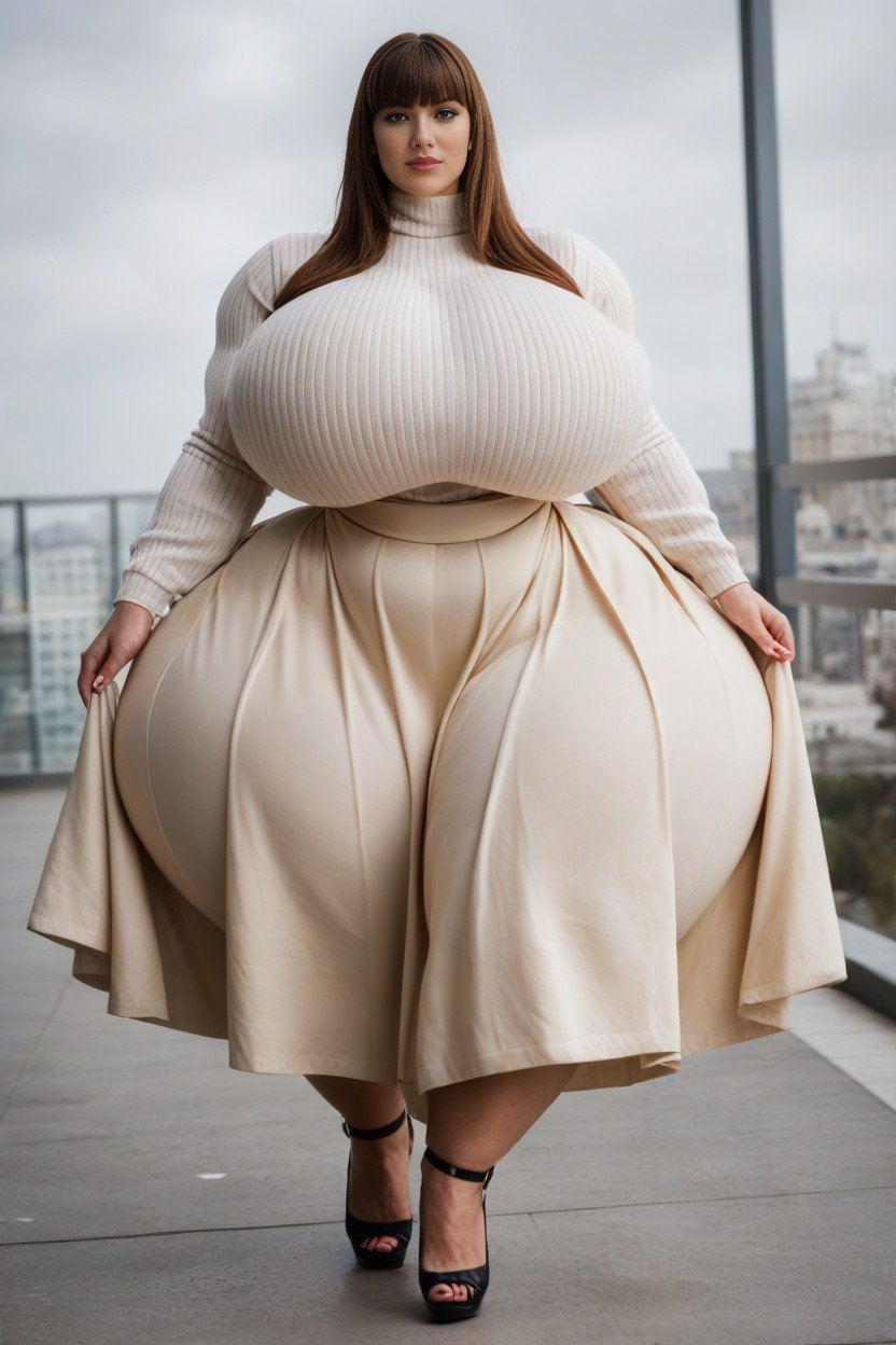 Giant Insane Massive Gigantic Hips, Beige Knit Dress, Looking At Viewer Shemale AI Porn