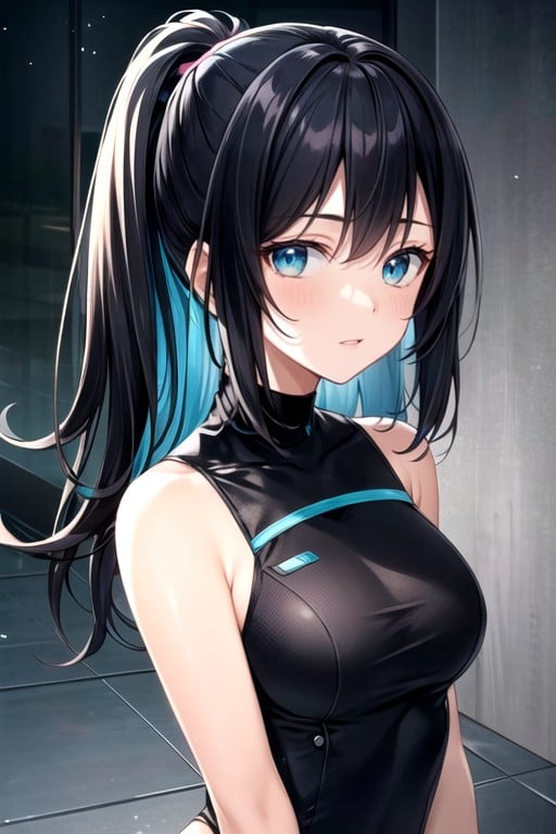 Turquoise Eyes, Black Hair, Medium Pony TailPorno AI