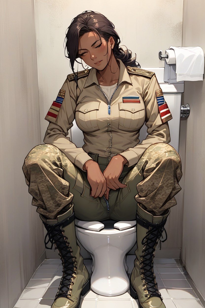 Tan Army Boots, Tan Undershirt, Sitting On ToiletPorno IA