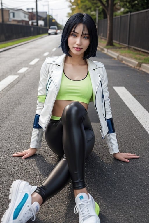 Coreana, Black And Blue Gradient Haircolor, Leather Jacket Pornografia de IA