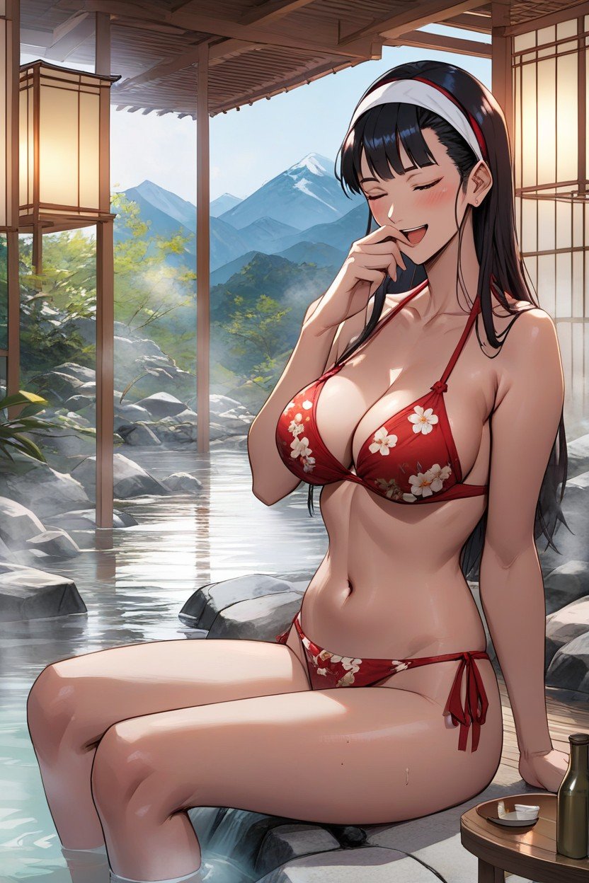 座る, Medium Breasts, Red Floral BikiniAIポルノ