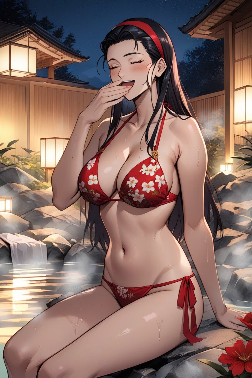 Spa, Onsen, Red Floral Bikini Pornografia de IA