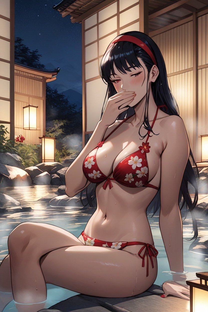 Yukiko Amagi, Cubrirse La Boca Con La Mano, Red Floral BikiniPorno AI Furry