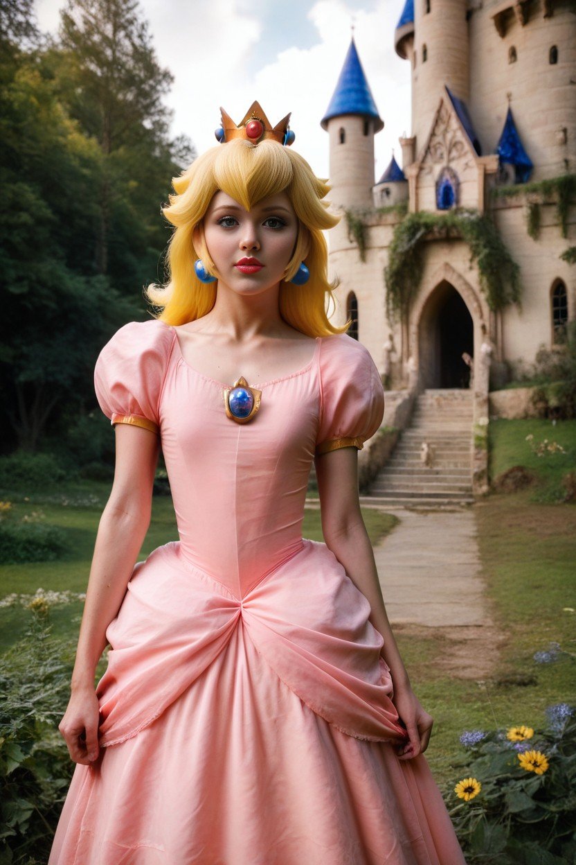 Pronounced Hip Bones, Roupas Abertas, Princess Peach Wearing Princess Peach Dressin A Wildflower Gardenfantasy Castle In Background Pornografia de IA