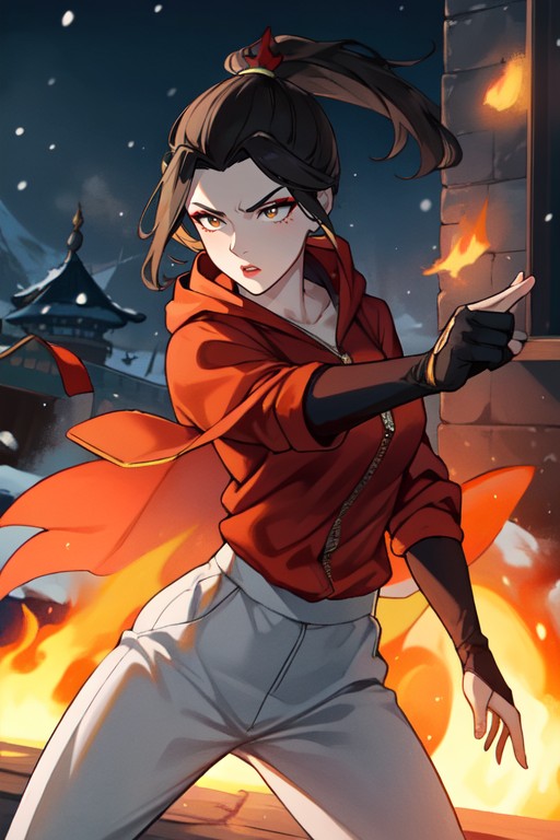 Dynamic Scene Of A Azula Practicing Kung-fu On The Royal Palace Grounds, Falling Snow, Black ShirtヘンタイAIポルノ