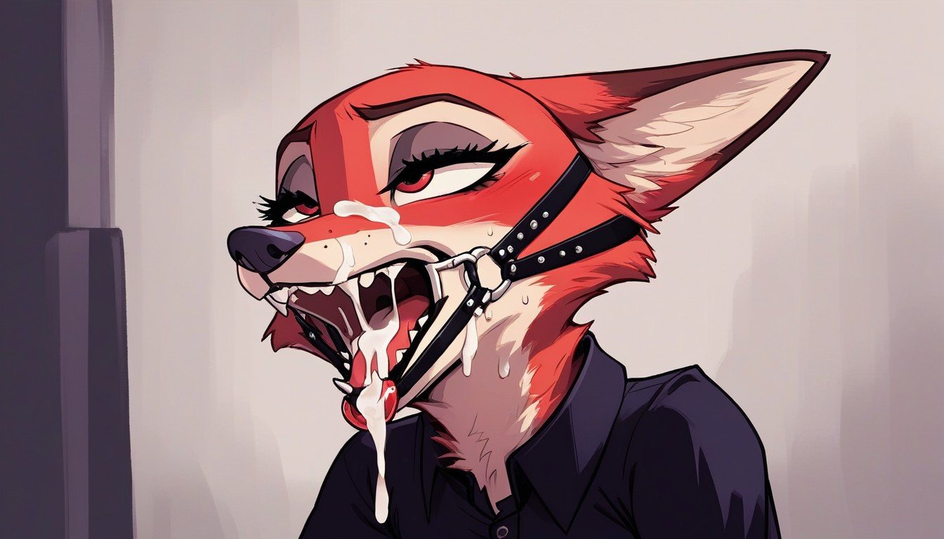 Woman Red Fox From Zootopia, Open Mouth, Ring Gag In MouthAI兽人黄片