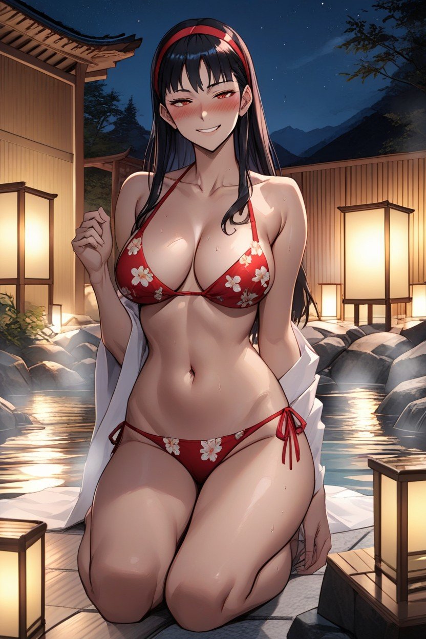 Night Time, Red Floral Bikini, Bikini Pornografia peluda com IA