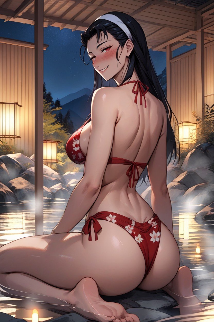 Red Floral Bikini, Rear View, Medium BreastsファーリーAIポルノ