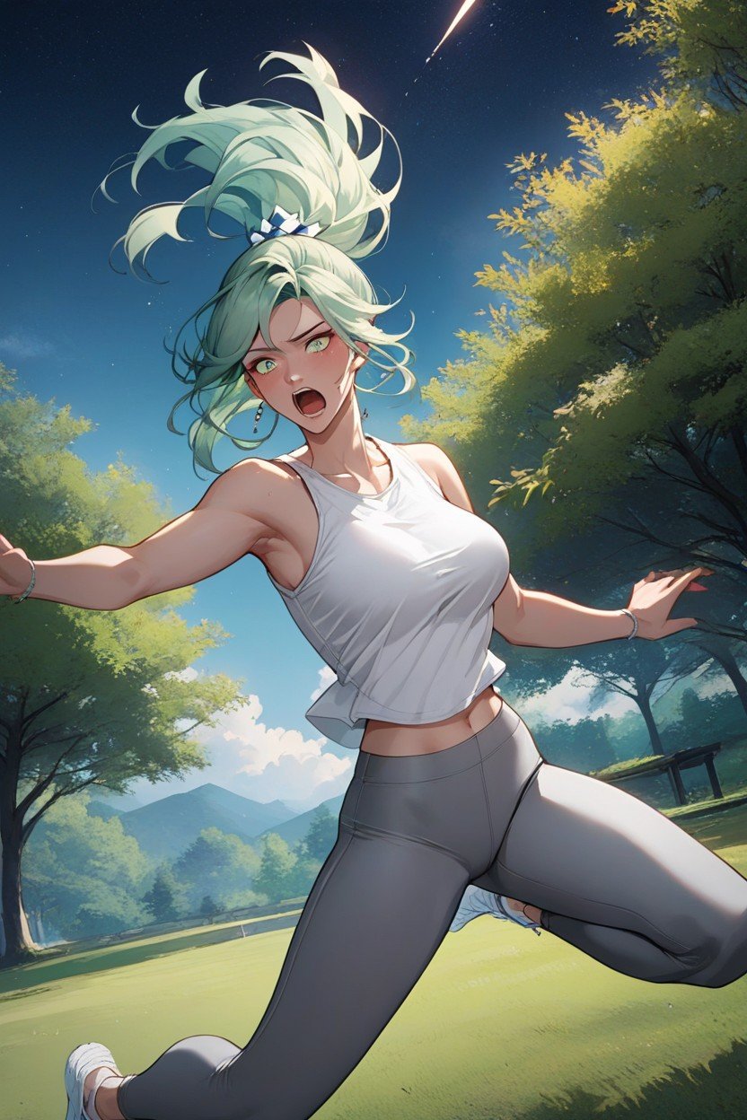 Yoga Pants, Green Hair, Medium Breast Hentai AI Porn