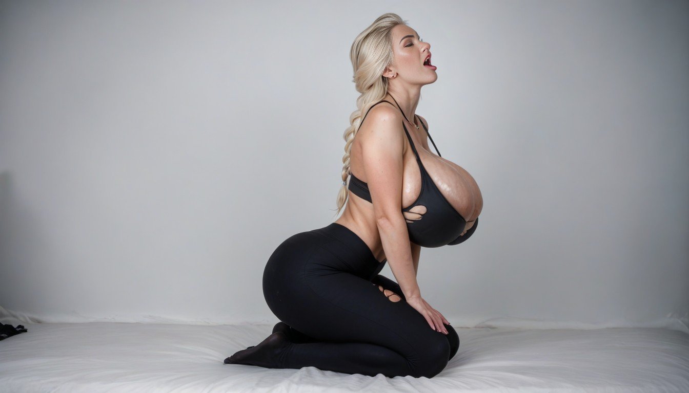 Veiny Breasts Elsa Photorealistic Beautiful Face Screaming Orgasm Kneeling Extremely Massive Veiny Cleavage Side View Oiled Skin Ripped Clothes Sport Bra Full Body, Breast Expansion Pornografia de IA