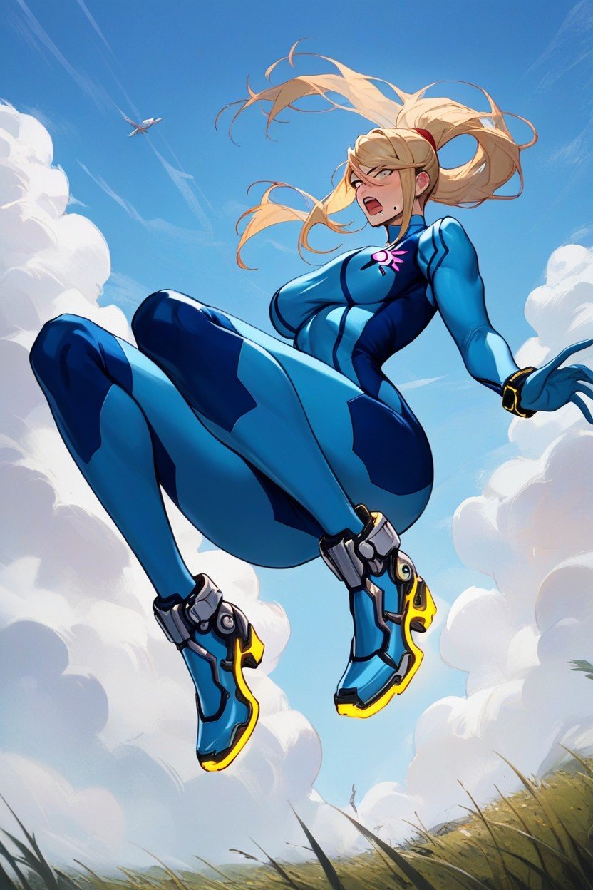 Samus Aran In The Air Shocked Being Lifted Into The Sky In A Fieldlight From The HeavensPorno IA