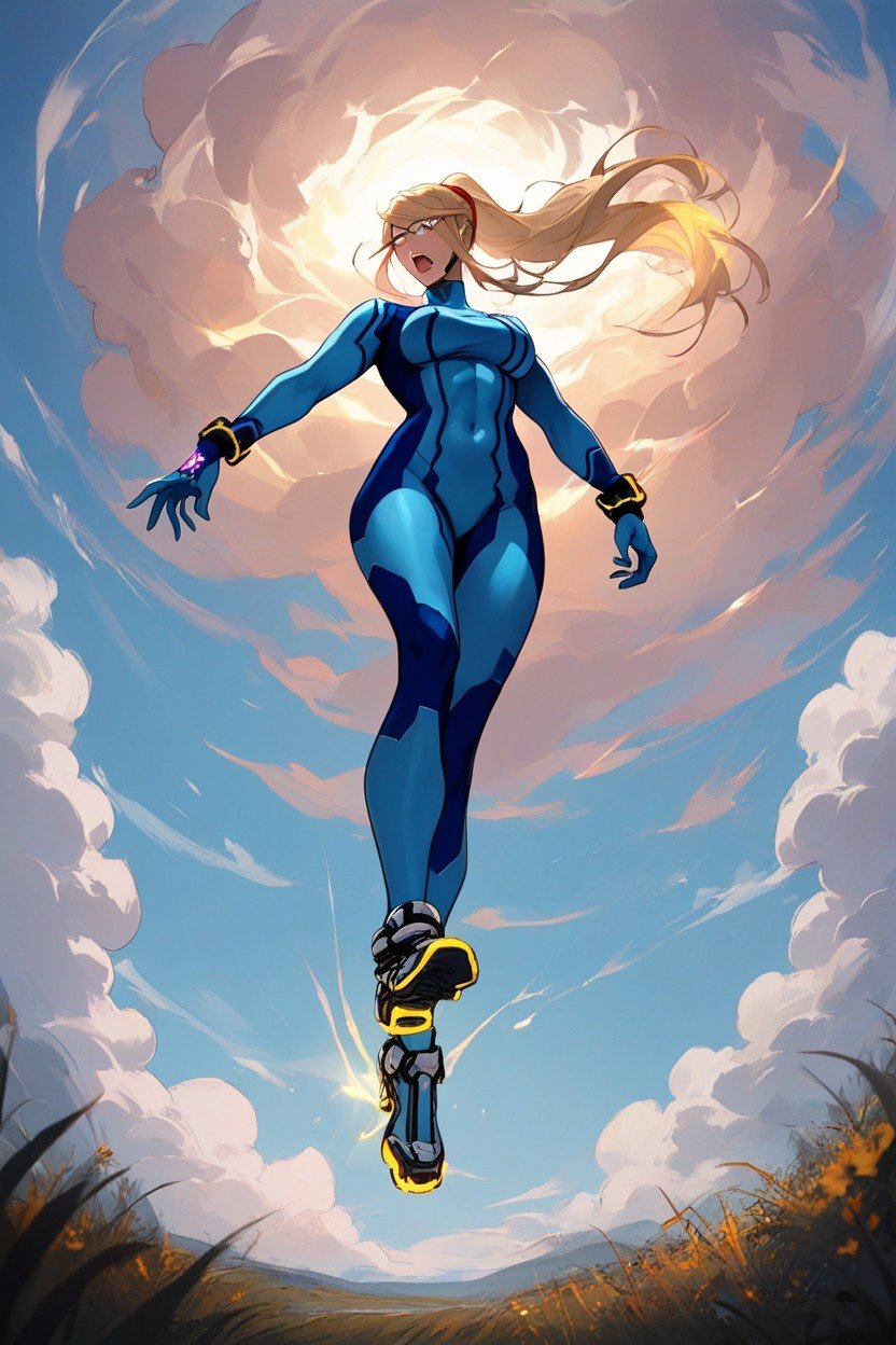 Samus Aran In The Air Shocked Being Lifted Into The Sky In A Field Surrounded By Glowing Light퍼리 AI 포르노