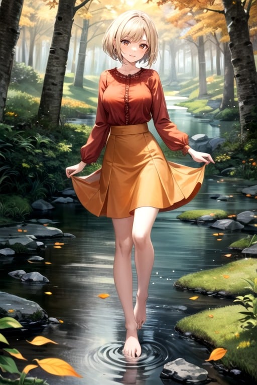 Smile Of Goddess, Walking In River, 金发AI黄漫