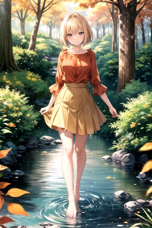 Autumn Leaves, Blonde Hair, Red Blouse Hentai AI Porn