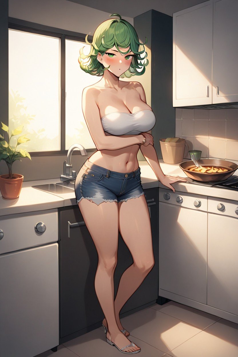 Embarrassed , Looking At Viewer, Senritsu No Tatsumaki Standing In Kitchen Making Dinner AI Porn