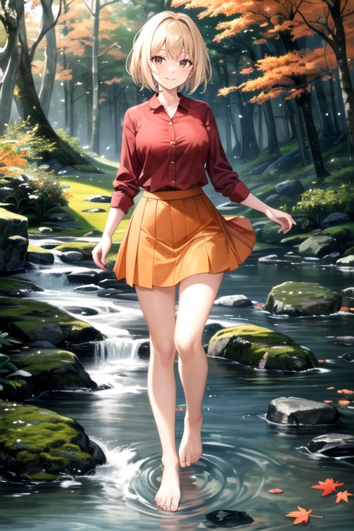 Blonde Hair, Walking In River, Long Sleeves AI Porn