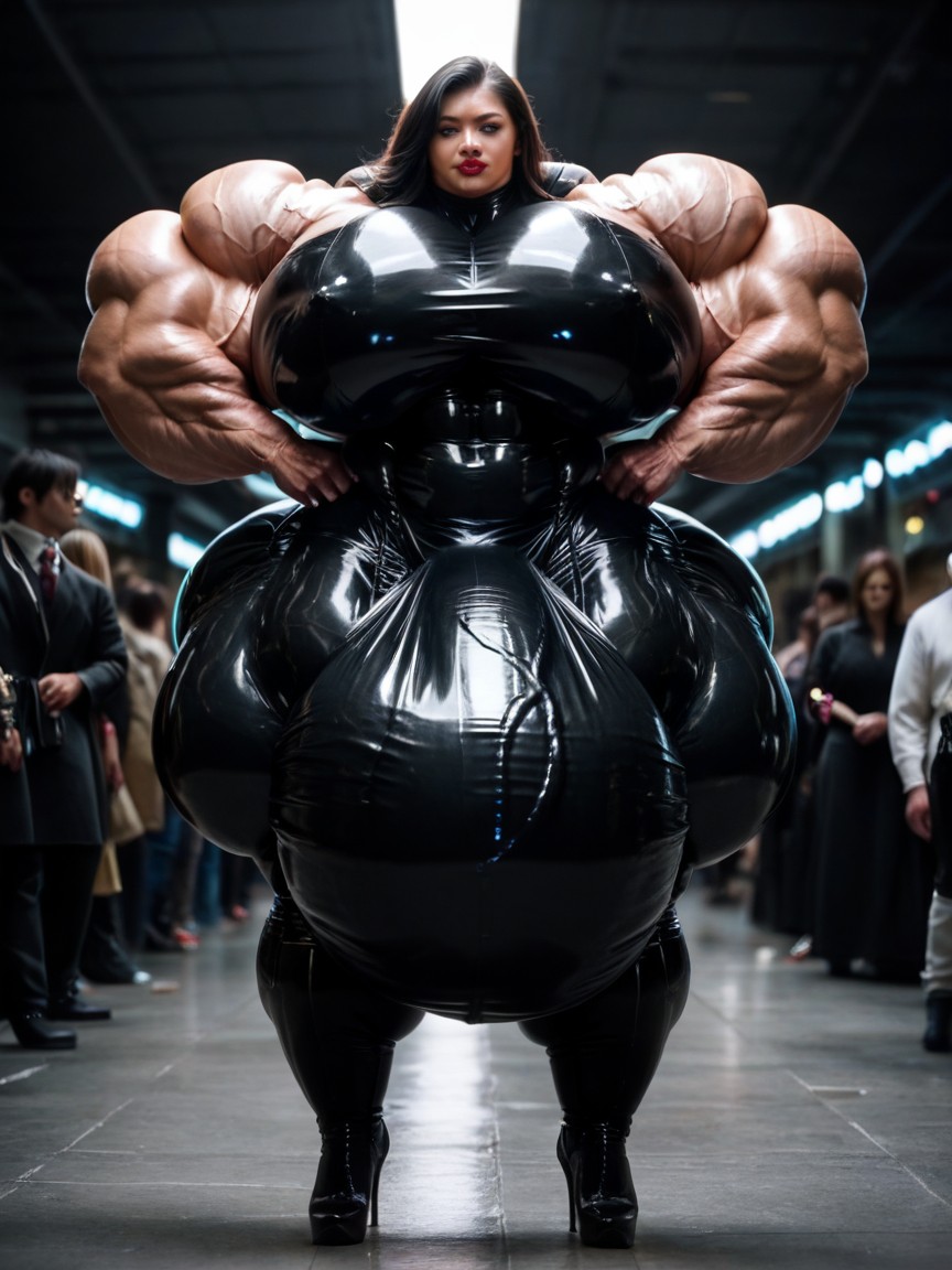 Hyper Huge Muscles, Latex Suit, Hyper Gigantic Huge Testicles Shemale AI Porn