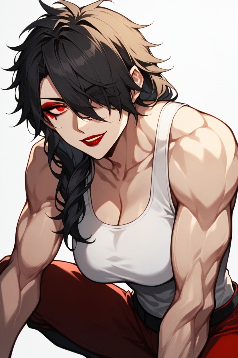 Red Makeup On The Corners Of The Eyes, Illustration Of A Muscular Master Character From A Battle Anime, Sharp EyesAI 포르노