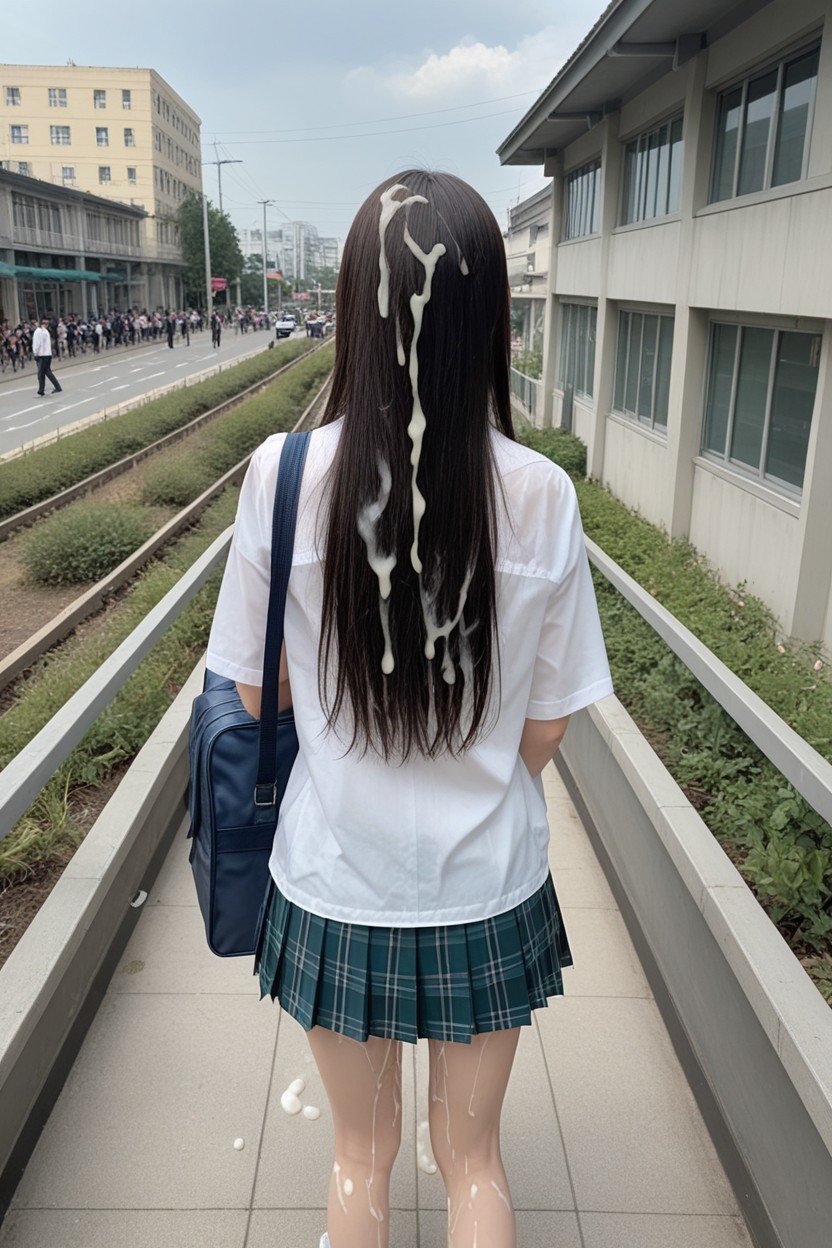 Absurdly Long Hair, Warking Away In Crowded Station, Carrying School Bag Furry AI Porn