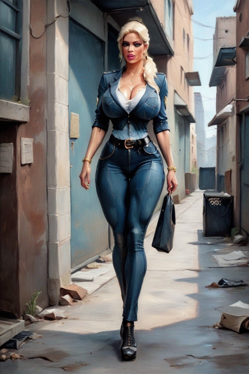 Walking Down An Alley, Ponytail, Blonde HairPorno AI