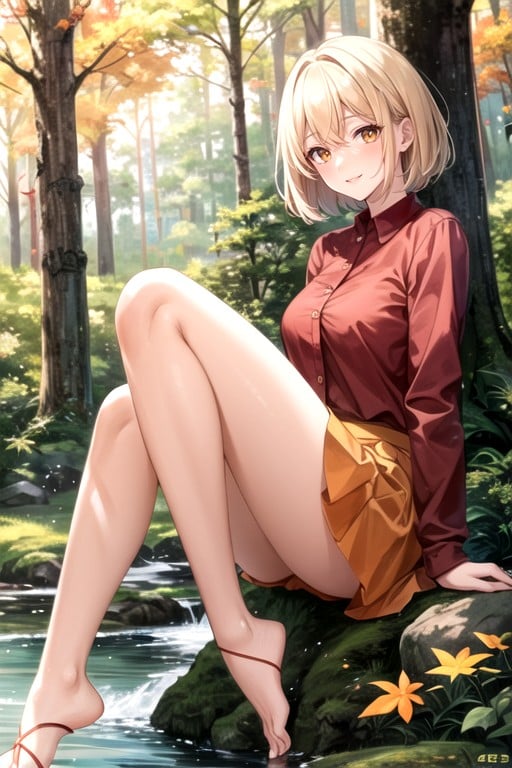 Autumn Leaves, Blushing Smile, River In Forest Хентай AI порно